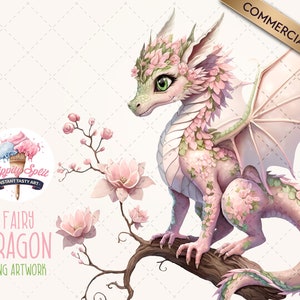 Pink Fairy Dragon PNG Clipart for Girls Party Invites and Kids Products, Fantasy Enchanted Floral Dragon, High Quality Clip Art