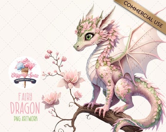 Pink Floral Fairy Dragon Clipart, Enchanted Fantasy PNG (Digital Download)