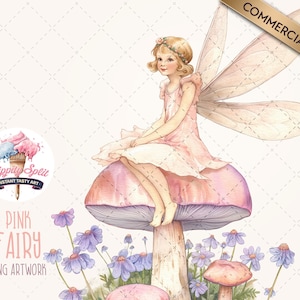 Pink Fairy Clipart, Watercolor PNG of Little Girl Fairy in Pink Dress, High Quality Clip Art with Commercial Use, Watercolour