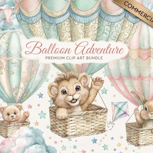 Cute Animals in Hot Air Balloons Clipart Bundle - Adorable and Whimsical Watercolor PNG Graphics for Nursery Decor and Baby Products