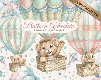 Cute Animals in Hot Air Balloons Clipart Bundle - Adorable and Whimsical Watercolor PNG Graphics for Nursery Decor and Baby Products