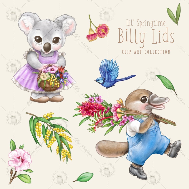 Illustration of a koala wearing a dress holding flowers, a platypus wearing overalls holding flowers, a blue wren plus australian flower elements.