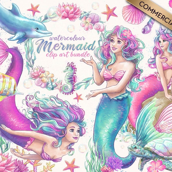 Mermaid Clipart Bundle, Watercolor Mermaid PNG, Mermaid Clip Art, Mermaid Drawing, Mermaid Illustration, Mermaid Graphics Digital Download