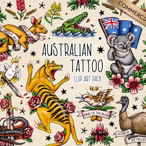 Retro Australian Animal Sailor Tattoo Clipart, Traditional American Style Tattoo Flash, Australia Day Clipart, Thylacine, PNG Files