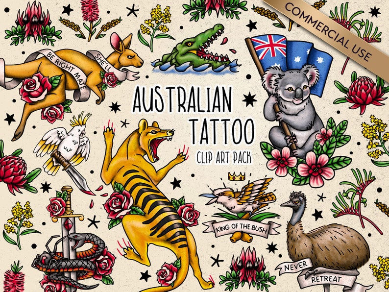 May include: A set of 10 Australian themed tattoo clip art images. The images include a kangaroo, a koala, a kookaburra, a Tasmanian devil, a crocodile, a wattle flower, a gum tree, a red wattle bird, a snake and a sword. The images are in a traditional tattoo style with bold outlines and bright colors.