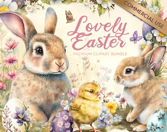 Easter Clipart | Watercolor Easter Bunny Clip Art for Easter Products and Projects | Digital Download PNG | Rabbit, Chicken | Commercial Use