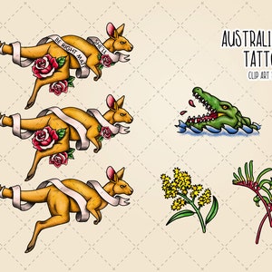 May include: A set of Australian tattoo clip art featuring a crocodile, a wattle, a kangaroo with a banner that says "She'll be right mate", and a kangaroo with a banner that says "Be right mate".