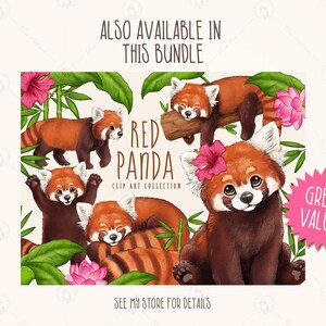 May include: A digital illustration of a red panda clip art collection. The image features five red pandas in various poses, surrounded by green leaves and pink flowers. The text "Red Panda Clip Art Collection" is displayed in the center of the image. The text "Great Value!" is displayed in a pink starburst shape in the bottom right corner of the image.