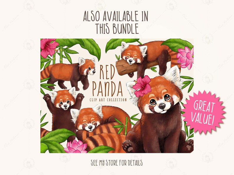 May include: A digital illustration of a red panda clip art collection. The image features five red pandas in various poses, surrounded by green leaves and pink flowers. The text "Red Panda Clip Art Collection" is displayed in the center of the image. The text "Great Value!" is displayed in a pink starburst shape in the bottom right corner of the image.