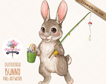 Fishing Rabbit Clipart, Cute Outdoors Clipart for Kids, Rabbit PNG Illustration, Outdoors Clipart, Bunny clipart, Woodland Animal Clip Art,