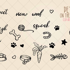May include: Black and white clip art illustrations of various pets and pet-related items, including a bone, a ball, a horseshoe, a carrot, a fish bone, a paw print, a star, a heart, a collar, a bowl of food, a yarn ball, and the words "tweet", "meow", "woof", "neigh", and "squeak". The text "Pets on the Mend Clip Art Pack" is also included.