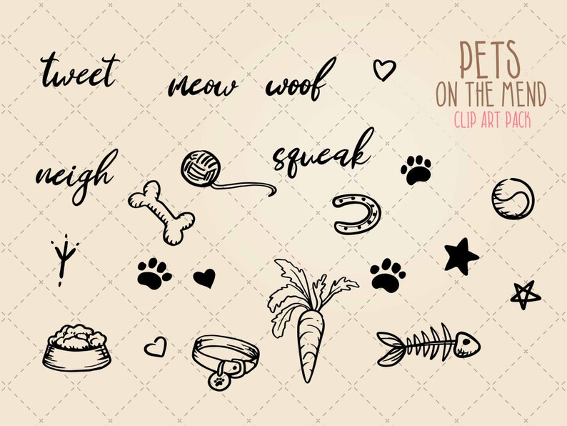 May include: Black and white clip art illustrations of various pets and pet-related items, including a bone, a ball, a horseshoe, a carrot, a fish bone, a paw print, a star, a heart, a collar, a bowl of food, a yarn ball, and the words "tweet", "meow", "woof", "neigh", and "squeak". The text "Pets on the Mend Clip Art Pack" is also included.