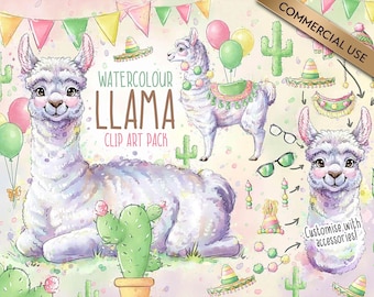 Watercolor Llama Clipart Bundle, Alpaca Party Invites (Digital Download)