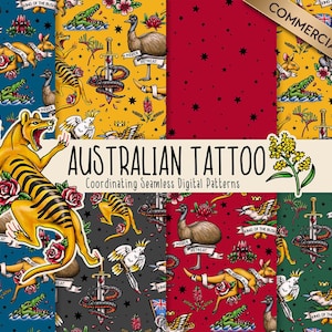 Retro Australian Animal Sailor Tattoo Seamless Pattern Repeat, Australian Tattoo Flash, Australia Day Clipart for Fabric, Digital Paper
