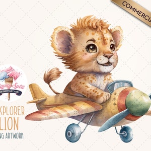 Cute Baby Lion Character PNG Clipart | Pilot Lion in Plane for Boys Baby Products and Nursery Decorations. High Quality Clip Art