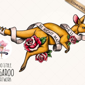 Kangaroo Tattoo Clipart, Kangaroo PNG, Vintage Tattoo PNG, Retro Tattoo, Australian Tattoo, Tattoo Art