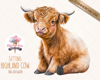 Watercolor Highland Cow Clipart | Cute Sitting Fluffy Cows Clip Art | Digital Download PNG | Commercial Use