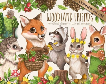 Hand Drawn Woodland Animals Clipart Bundle (PNG Illustration)