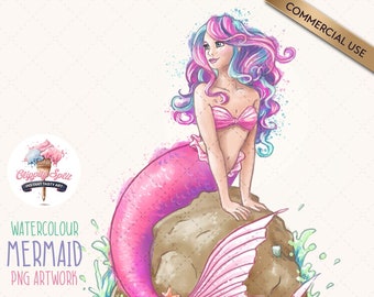 Watercolor Mermaid Clipart, PNG Illustration for Sublimation (Digital Download)