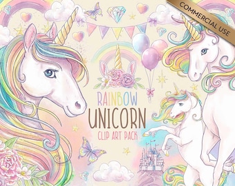 Rainbow Unicorn Clipart PNG Bundle, Pretty Watercolor Unicorn PNG Drawing, Fantasy Clipart, Rainbow Unicorn Party Invites, Digital Download