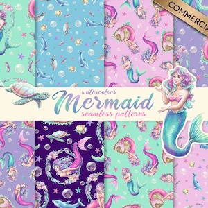 Mermaid Seamless Patterns, Mermaid Digital Paper Pack, Clipart bundle, Seamless Repeat, Instant Digital Download, Mermaid Pattern,