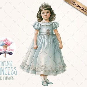 Vintage Princess Clipart, Watercolor PNG of Little Girl in Blue Dress, Princess PNG Clip Art, Commerical Use, Watercolour