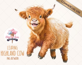 Happy Highland Cow Clipart | Cute Leaping Fluffy Cows Clip Art | Digital Download PNG | Commercial Use