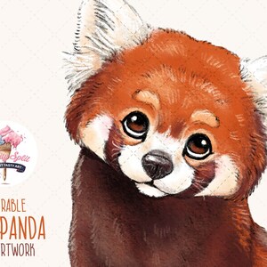 May include: A watercolor illustration of a red panda with big brown eyes. The red panda is looking directly at the viewer. The background is white.