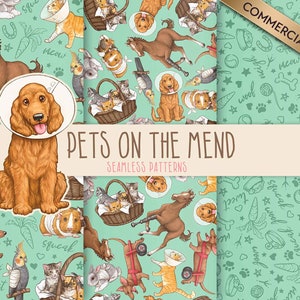 Cute Vet Clipart, Pets Seamless Pattern Repeat, Disabled Pets Injured Recovering Animal Clipart for Fabric & Digital Paper, Veterinary Nurse