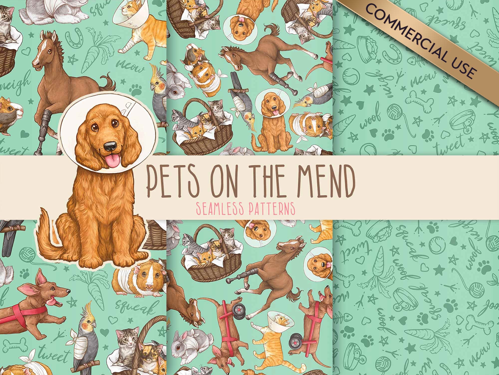 Cute Vet Clipart, Pets Seamless Pattern Repeat, Disabled Pets Injured Recovering Animal Clipart for Fabric & Digital Paper, Veterinary Nurse