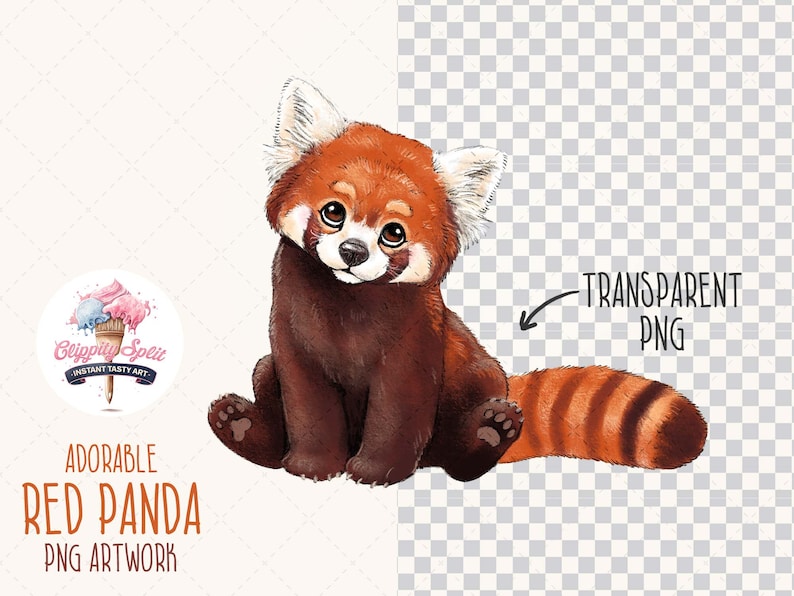 May include: A watercolor illustration of a red panda sitting with its tail curled behind it. The red panda has a brown body with a red and white striped tail. The background is transparent.
