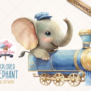 Cute Elephant Train Driver Character PNG Clipart | Clipart for Boys Baby Products and Nursery Decorations | High Quality Clip Art