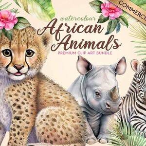 African Animals Clipart Digital Download  | Cute Art for Baby Nursery or Baby Products | Cheetah, Rhino and Zebra Baby Animals | Commercial