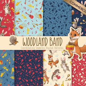 Musical Woodland Animal Seamless Repeat Pattern | Cute Animal Digital Paper | Animals with Musical Instruments Clipart for Kids