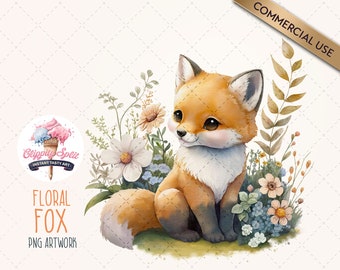 Cute Floral Fox PNG Clipart for Invitations, Printables, and Decorations. High quality Digital Download with Commercial Use.