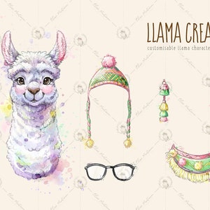 May include: Llama Creator: Customizable llama character clip art featuring a white llama with pink cheeks, a green and pink hat, a green and pink necklace, and a pair of glasses.