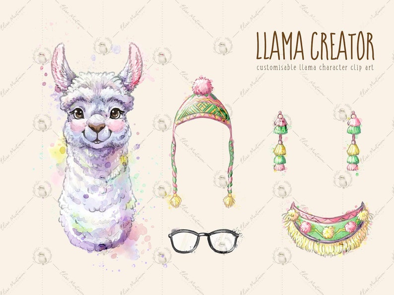 May include: Llama Creator: Customizable llama character clip art featuring a white llama with pink cheeks, a green and pink hat, a green and pink necklace, and a pair of glasses.