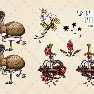 May include: A set of Australian tattoo clip art featuring an emu, a cockatoo, a sword with a snake wrapped around it, a flower, and a star. The emu is brown and has the words "Never Retreat" on a banner. The cockatoo is white with yellow accents. The sword is gold with a red gem and a black snake wrapped around it. The flower is red and has green leaves. The star is black.