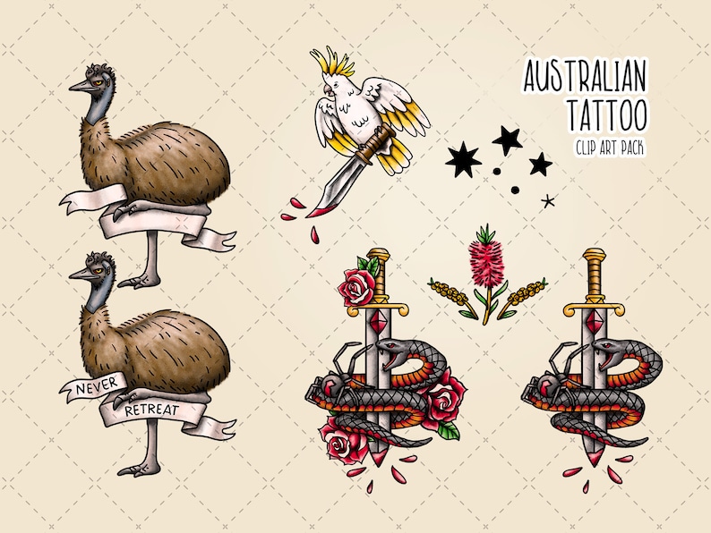 May include: A set of Australian tattoo clip art featuring an emu, a cockatoo, a sword with a snake wrapped around it, a flower, and a star. The emu is brown and has the words "Never Retreat" on a banner. The cockatoo is white with yellow accents. The sword is gold with a red gem and a black snake wrapped around it. The flower is red and has green leaves. The star is black.