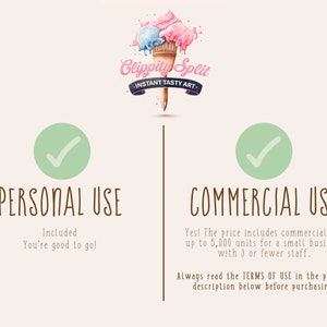 May include: A graphic with a green checkmark in a circle, the text "PERSONAL USE" and the text "Included You're good to go!"  A graphic with a green checkmark in a circle, the text "COMMERCIAL USE" and the text "Yes! The price includes commercial use up to 5,000 units for a small business with 3 or fewer staff. Always read the TERMS OF USE in the product description below before purchasing."