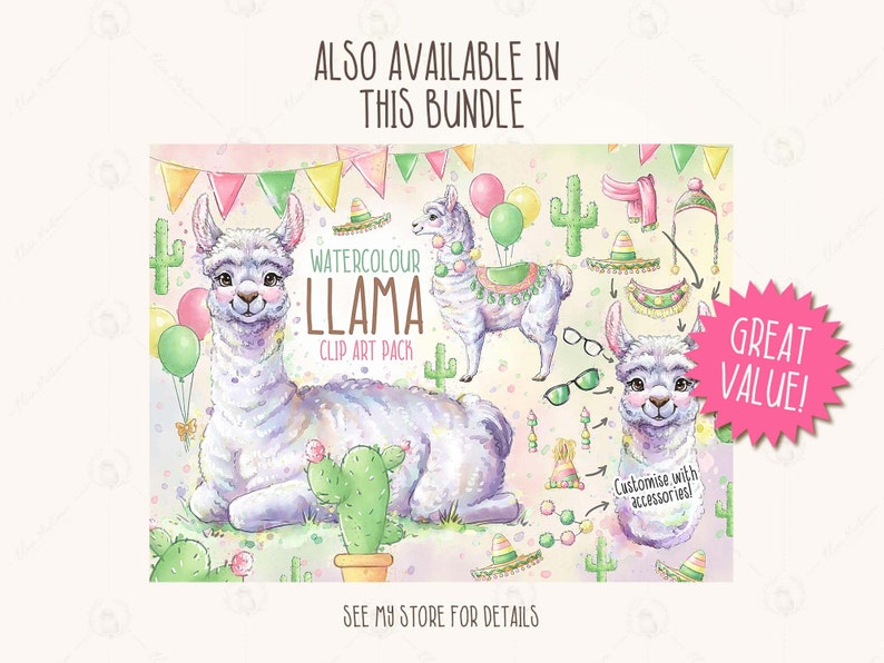 Llama Clipart, Watercolor Llama Creator, No AI, Hand Drawn, Llama Png Illustration, Custom Alpaca Clipart, Cute Alpaca Character image 4
