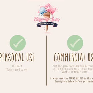 May include: A graphic with a green checkmark in a circle, the text "PERSONAL USE" and the text "Included You're good to go!"  A graphic with a green checkmark in a circle, the text "COMMERCIAL USE" and the text "Yes! The price includes commercial use up to 5,000 units for a small business with 3 or fewer staff. Always read the TERMS OF USE in the product description below before purchasing."