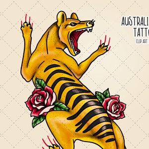 May include: A yellow and black striped Tasmanian tiger with red claws and a red rose in its mouth. The tiger is in a classic tattoo style. The text "AUSTRALIAN TATTOO CLIP ART PACK" is in the upper right corner of the image.