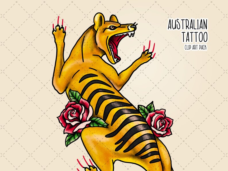 May include: A yellow and black striped Tasmanian tiger with red claws and a red rose in its mouth. The tiger is in a classic tattoo style. The text "AUSTRALIAN TATTOO CLIP ART PACK" is in the upper right corner of the image.