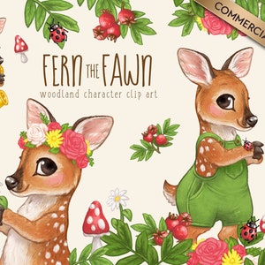 Woodland Clipart, Deer Clipart, Cute Kids Clipart, Cute Animal Character Illustrations, Forest Animal Clipart, Fern the Fawn Clipart