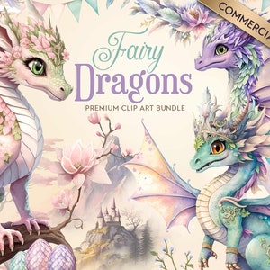Fairy Dragon Clipart | PNG Bundle | Girls Party Invites & Kids Products | Fantasy Enchanted Digital Watercolor | High Quality Clip Art