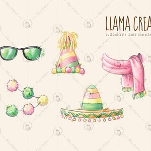 May include: Llama Creator: A set of customizable llama character clip art featuring a pink scarf, a green and yellow sombrero, a green and yellow party hat, a string of green and pink pom-poms, and a pair of green sunglasses.