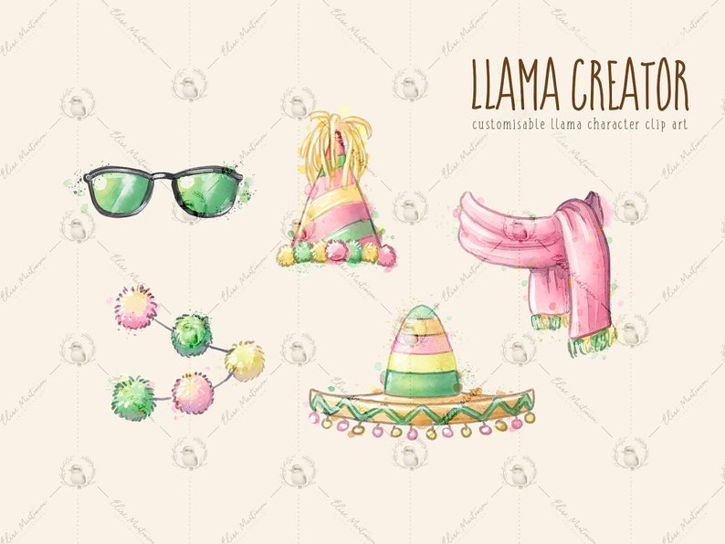 May include: Llama Creator: A set of customizable llama character clip art featuring a pink scarf, a green and yellow sombrero, a green and yellow party hat, a string of green and pink pom-poms, and a pair of green sunglasses.