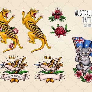 May include: A set of Australian tattoo clip art featuring a koala holding an Australian flag, a kookaburra bird, a Tasmanian tiger, and a red flowering wattle plant. The clip art is in a traditional tattoo style with bold lines and bright colors.