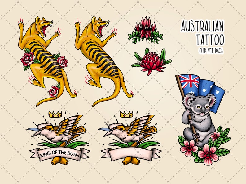 May include: A set of Australian tattoo clip art featuring a koala holding an Australian flag, a kookaburra bird, a Tasmanian tiger, and a red flowering wattle plant. The clip art is in a traditional tattoo style with bold lines and bright colors.